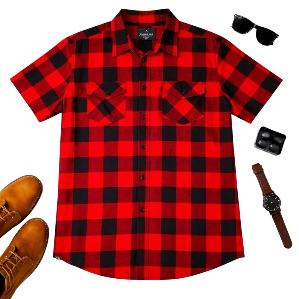 Akademiks Red Black Buffalo Plaid Short Sleeve Button Up Shirt Men’s XL Street